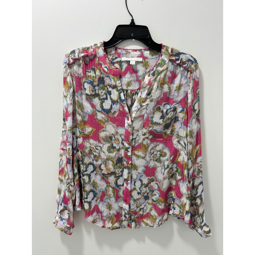 Juniper + Lime Pink Floral Crinkle Ruffle Blouse Petite Large PL Long Sleeve Top